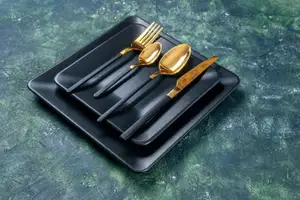 Luxury Black & Gold Cutlery Set with Square Plates